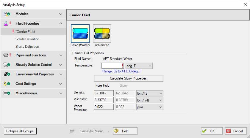 An image of the Basic Water Slurry Input option in the carrier fluid panel of the Analysis Setup window.